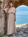 Satin maxi χρυσό φόρεμα πλισέ αέρινο