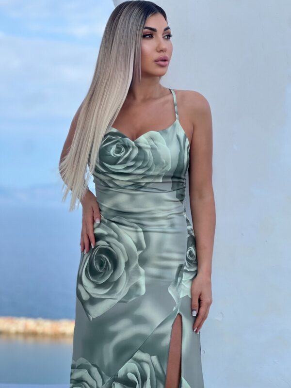 Πράσινο ελαστικό φόρεμα με τριαντάφυλλα και σκίσιμο στο πλάι