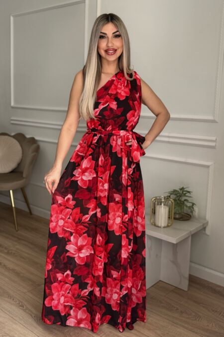 Μάξι κόκκινο floral φόρεμα με έναν ώμο και σκίσιμο στο πλάι