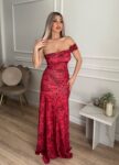 Μάξι κόκκινο floral φόρεμα με έναν ώμο. Ιδανικό για γάμο Ή βάφτιση
