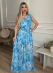 Μάξι γαλάζιο floral φόρεμα με έναν ώμο και σκίσιμο στο πλάι