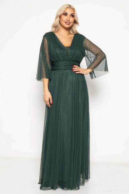 Μάξι τούλινο φόρεμα με μακριά μανίκια στραφταλιζέ