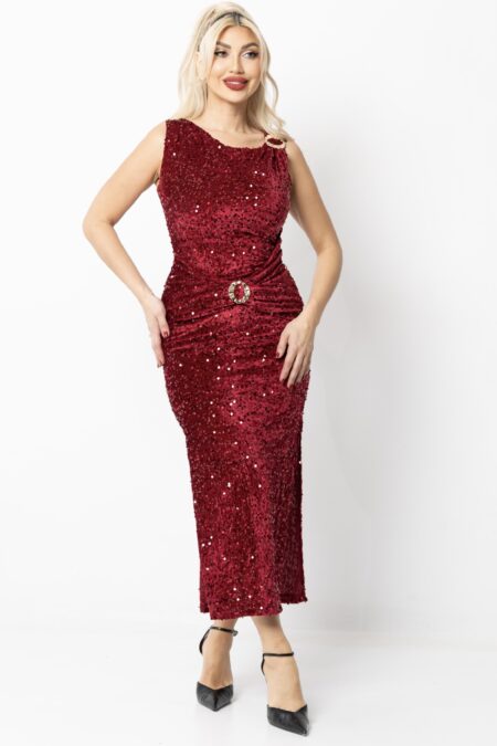 Μάξι αμάνικο κόκκινο φόρεμα με παγιέτα και χρυσή λεπτομέρεια