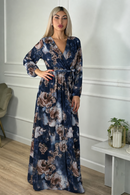 Maxi floral φόρεμα με ζώνη σε καφέ ή μπορντό