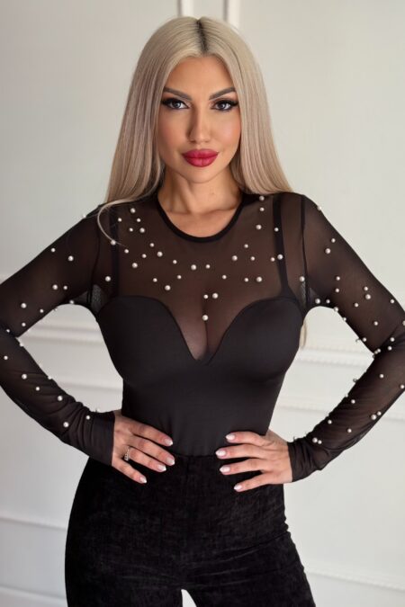 Μαύρο κορμάκι με see through και πέρλες