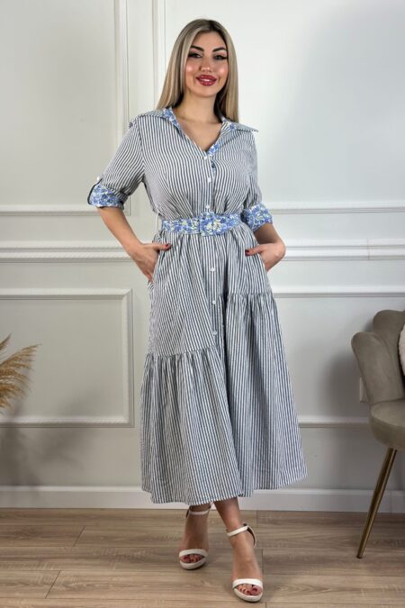 Navy πουκαμισοφόρεμα με floral ζώνη και μανίκι