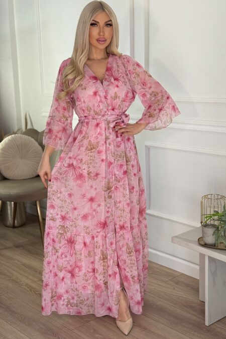 Maxi κρουαζέ floral φόρεμα με ρυθμιζόμενο δέσιμο