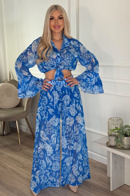 Floral σετ cropped πουκάμισο με δέσιμο και παντελόνι τύπου μουσελίνα