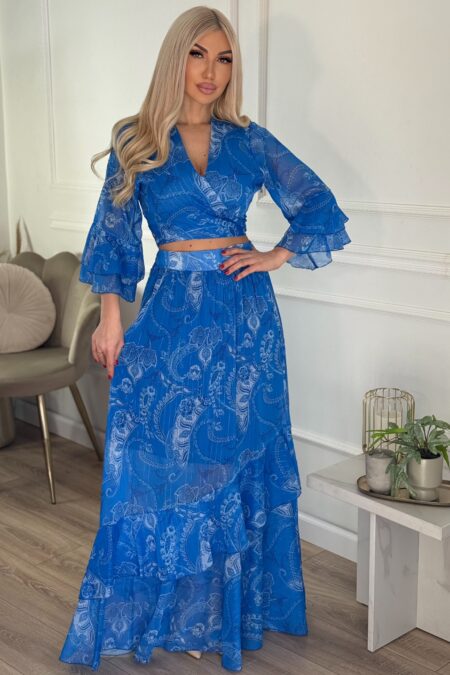 Σετ μουσελίνα τοπ με δέσιμο και φούστα με λαχούρια σε αποχρώσεις