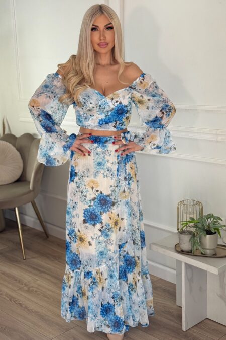 Floral σετ cropped top και maxi φούστα σε μπλε ή ροζ