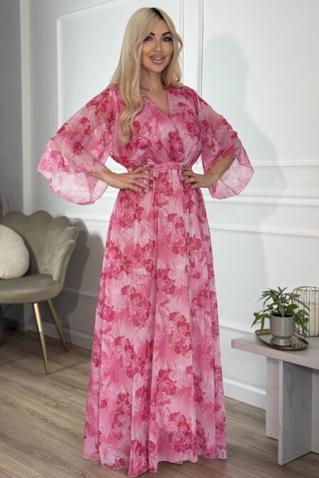 Maxi κρουαζέ floral φόρεμα με ζώνη σε ροζ ή βεραμάν