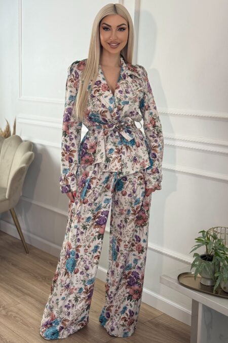 Floral Ανοιξιάτικο σετ jacket με ζώνη και παντελόνι