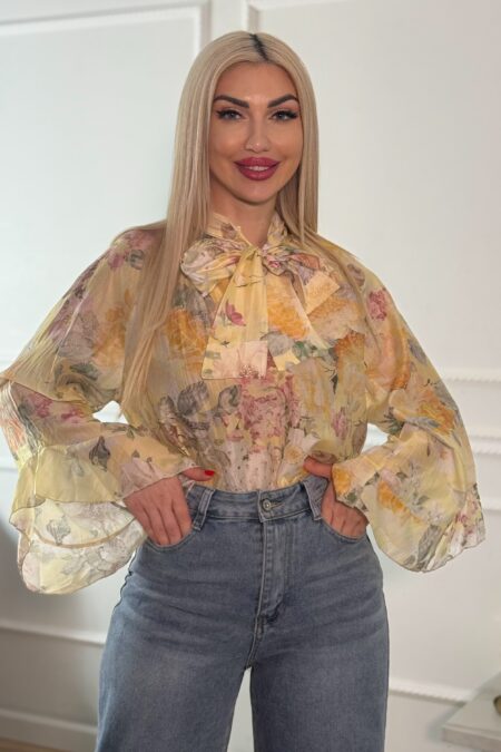 Φλοράλ μπλούζα μακρυμάνικη με φιογκάκι στον λαιμό σε χρώματα