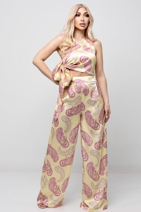 Κίτρινο σατέν σετ τοπ και παντελόνι με λαχούρια
