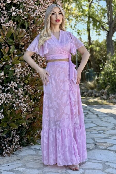 Floral σετ κοντομάνικο cropped top με δέσιμο στο στήθος και μάξι φούστα