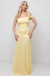 Μάξι κίτρινο πουά ελαστικό φόρεμα με σούρες και έναν ώμο