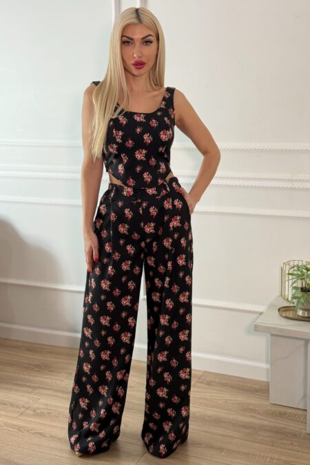Floral σετ cropped top και παντελόνι σε λευκό ή μαύρο