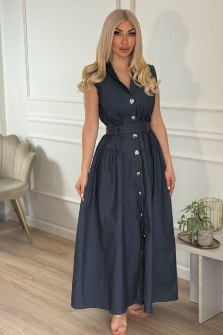 Μάξι τζιν αμάνικο φόρεμα με χρυσά κουμπιά