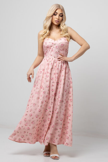 Midi floral φόρεμα αμάνικο με caps και λάστιχο πίσω