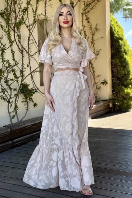 Floral σετ κοντομάνικο cropped top με δέσιμο στο στήθος και μάξι φούστα