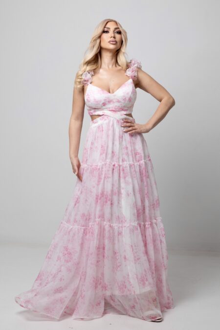 Μάξι ροζ floral φόρεμα με cut-out ανοίγματα