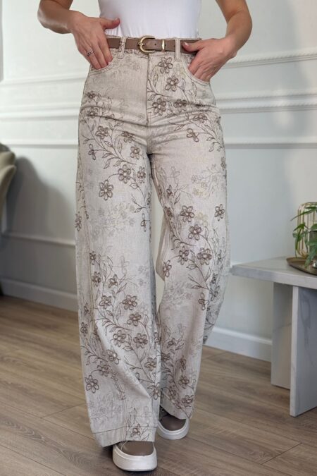 Μπεζ ψηλόμεσο jean με λουλούδια