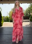 Μάξι κρουαζέ floral φόρεμα με ρυθμιζόμενο δέσιμο σε κοραλλί ή βεραμαν