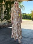 Μάξι κρουαζέ καφέ boho φόρεμα με λαχούρια