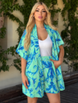 Floral κιμονό σετ τύπου σατέν με σορτς και ζώνη