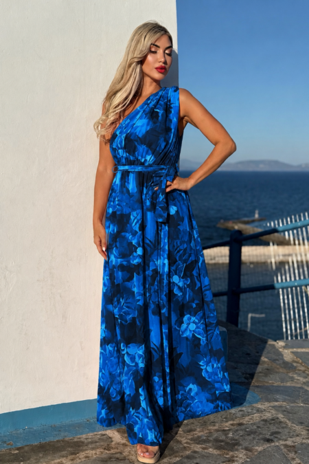 Μάξι μπλε floral φόρεμα με έναν ώμο και σκίσιμο στο πλάι