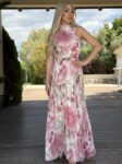 Maxi αμάνικο floral φόρεμα πλισέ τύπου μουσελίνα με ζώνη