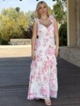 Μάξι floral φόρεμα αμάνικο με βολάν σε μπλε ή ροζ