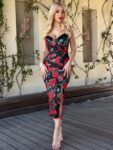 Κόκκινο floral μίντι φόρεμα με δαντέλα στο μπούστο