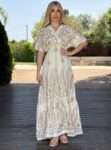 Maxi boho φόρεμα με χρυσές λεπτομέρειες κοντομάνικο