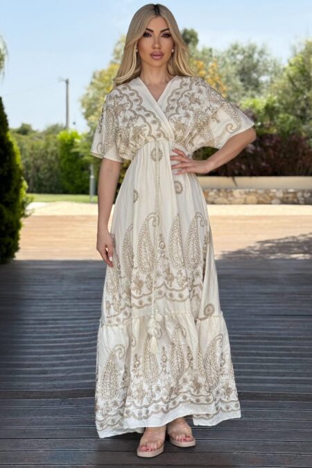 Maxi boho φόρεμα με χρυσές λεπτομέρειες κοντομάνικο