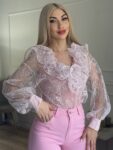 Ροζ see through δαντελένια μπλούζα μακρυμάνικη με βολάν