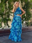Floral σετ μουσελίνα τοπ με έναν ώμο και μάξι φούστα με βολάν