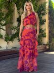 Floral σετ μουσελίνα τοπ με έναν ώμο και μάξι φούστα με βολάν
