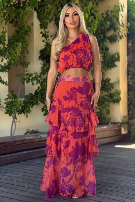 Floral σετ μουσελίνα τοπ με έναν ώμο και μάξι φούστα με βολάν
