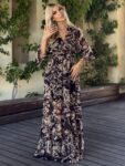 Maxi μαύρο φόρεμα με λαχούρια με κρουαζέ δέσιμο στο στήθος