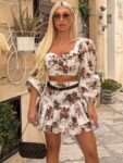 Floral σετ μακρυμάνικο top και μίνι φούστα με βολάν