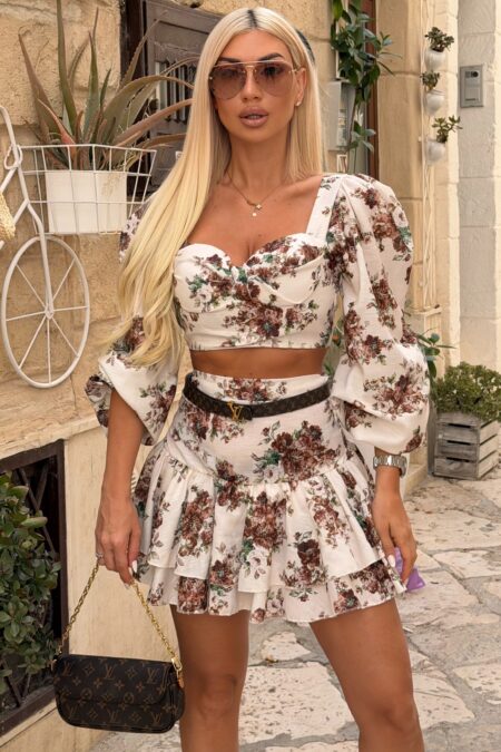 Floral σετ μακρυμάνικο top και μίνι φούστα με βολάν