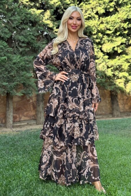 Maxi κρουαζέ floral φόρεμα με ζώνη και βολάν