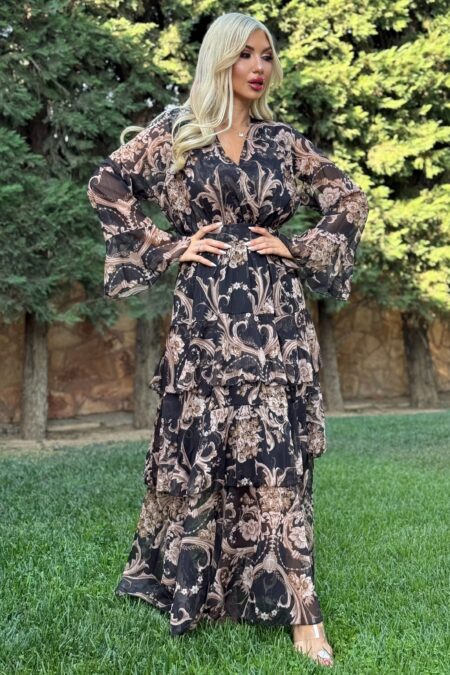 Maxi μαύρο κρουαζέ floral φόρεμα με ζώνη και βολάν