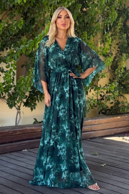 Maxi κρουαζέ floral φόρεμα με ζώνη