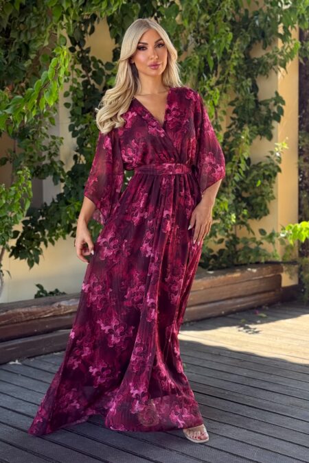 Maxi κρουαζέ floral φόρεμα με ζώνη