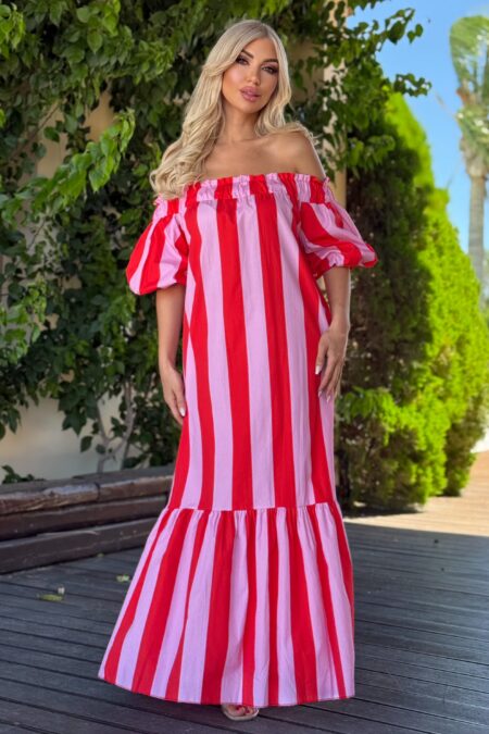 Μάξι ριγέ φόρεμα με φουσκωτούς ώμους off shoulder