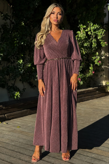 Μάξι στραφταλιζέ lurex φόρεμα με χρυσή ζώνη