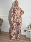 Μπεζ floral jean σετ jacket και παντελόνι με ζώνη