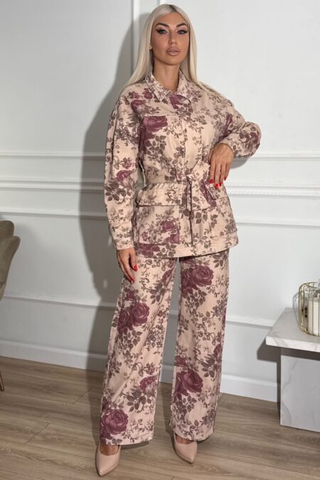 Μπεζ floral jean σετ jacket και παντελόνι με ζώνη